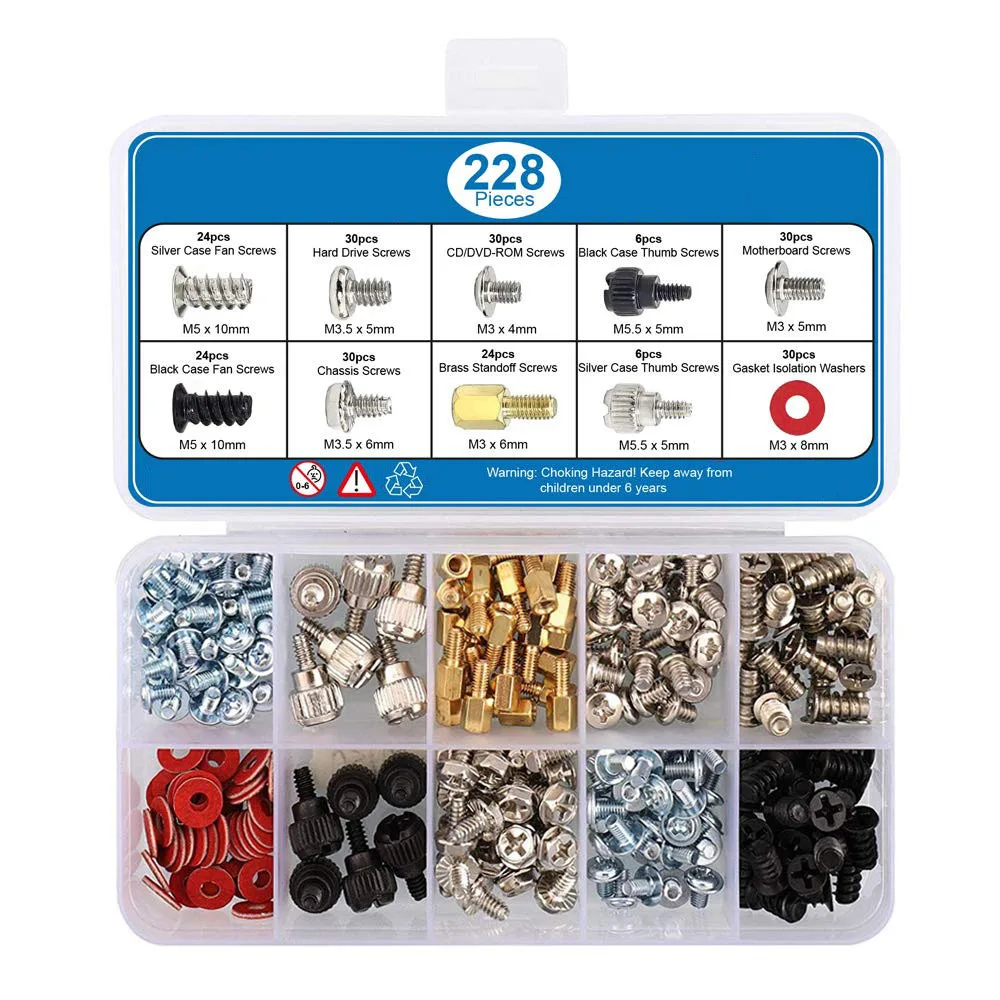 

228PCS Copper Computer Case Hexagonal Head Screw Set PC Motherboard Fan Screws Washer and Nut Box M2 Desktop Case Screws