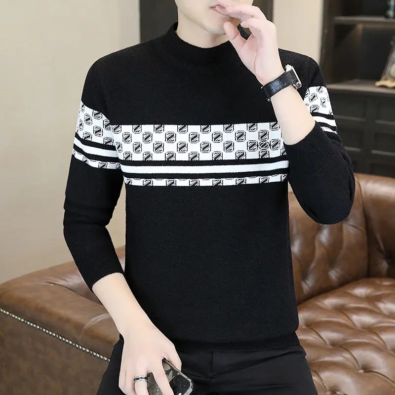 Business Casual Spring and Autumn New Style Spliced Half High Collar Print Fashion Slim Fit Versatile Long Sleeve Knitted Top