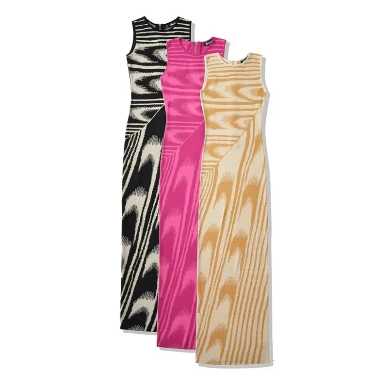

2025 New High Waist Sleeveless Bodycon Long Dress Abstract Pattern Zebra Print Rose Red Beige Dress