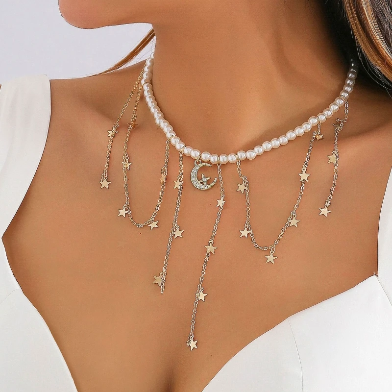 Collier chaîne clavicule pour femmes, collier perles, ras du cou, étoile, bijoux