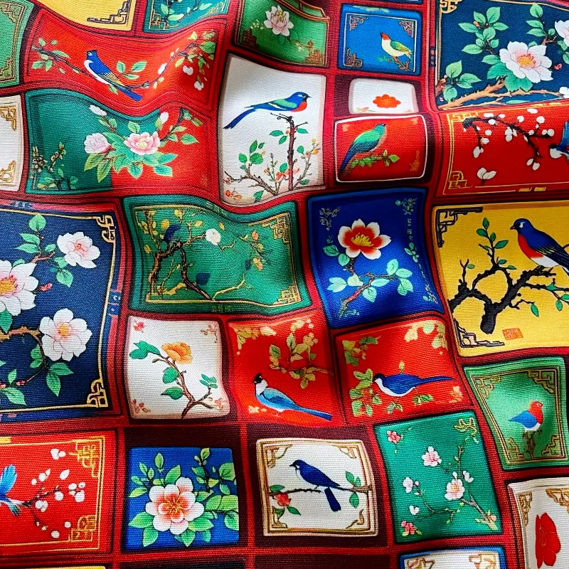 

1 Meter X1.5 Meter Flower and Bird Pattern Grid Cotton Fabric Canvas Bag Spring and Autumn Coat Vest Handmade DIY Fabric