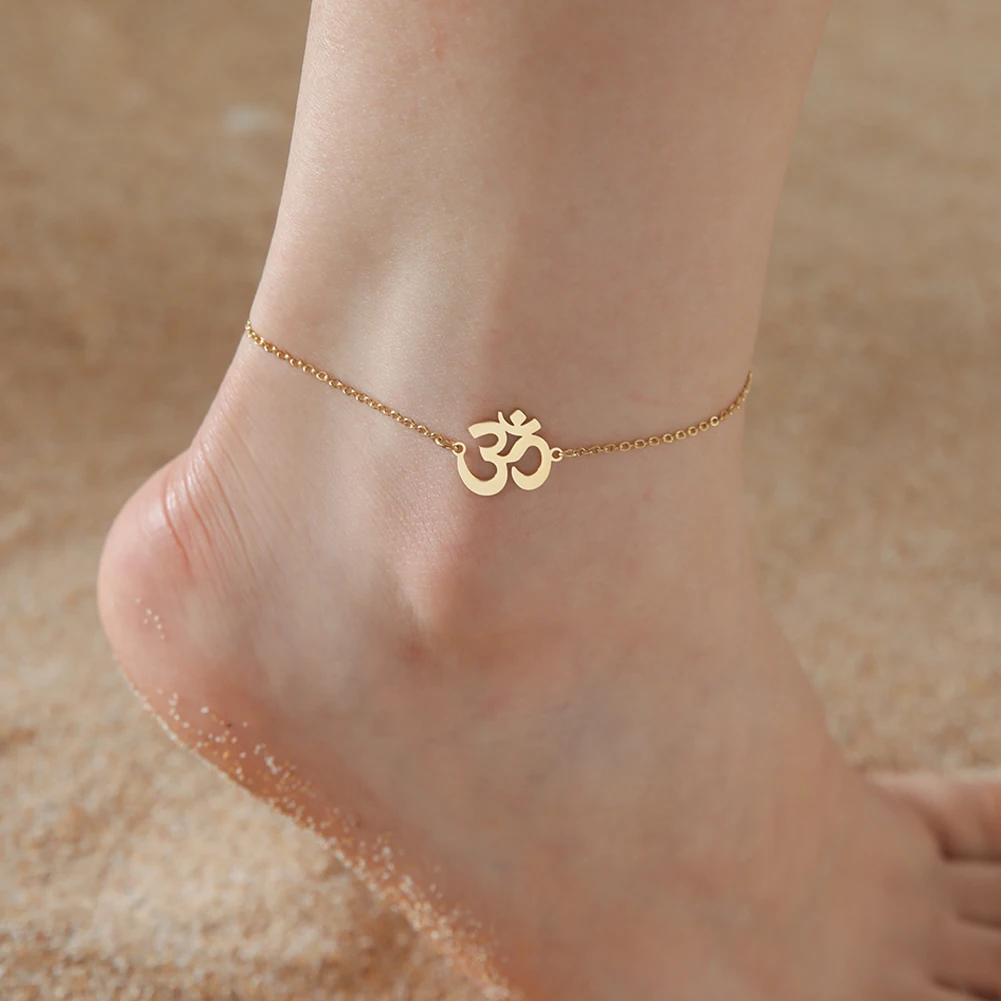 Lucktune Buddhism OM Yoga Symbol Pendant Anklets for Women Stainless Steel Hindu Chakra Amulet Foot Chain Beach Summer Jewelry