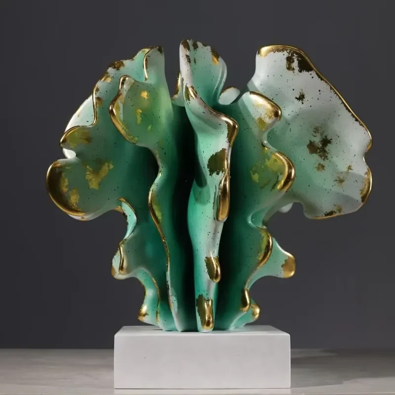 Modern Abstract Turquoise Resin Sculpture with Gold Foil Finish Luxury Home Decor Art Piece for Living Room Office Desk