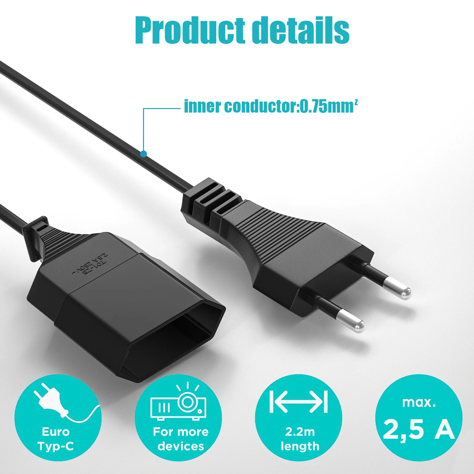 EU 2M extension cord, type C European double socket, male plug to female socket power cord, suitable for household appliances