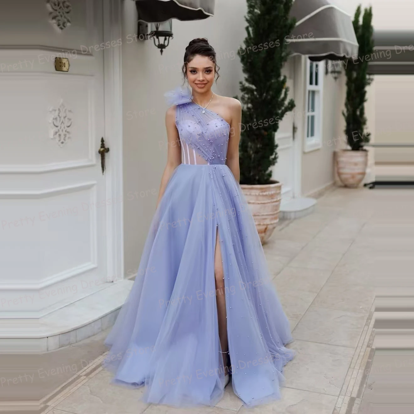 간단한 이브닝 드레스 여성의 A 라인 댄스 파티 드레스 섹시한 구슬 장식 한 어깨 등이없는 패션 파티 맞춤형 베스 티도스 드 노비아