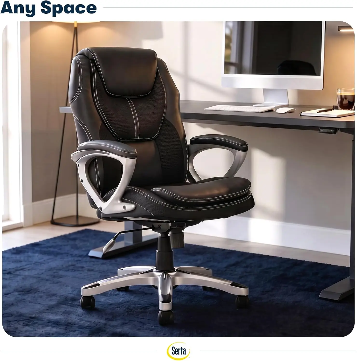 Ergonomic Executive Office Chair, Padded Arms Mesh Back Leather Chair | Contoured Lumbar Lower Back Support, Back Pain Relief