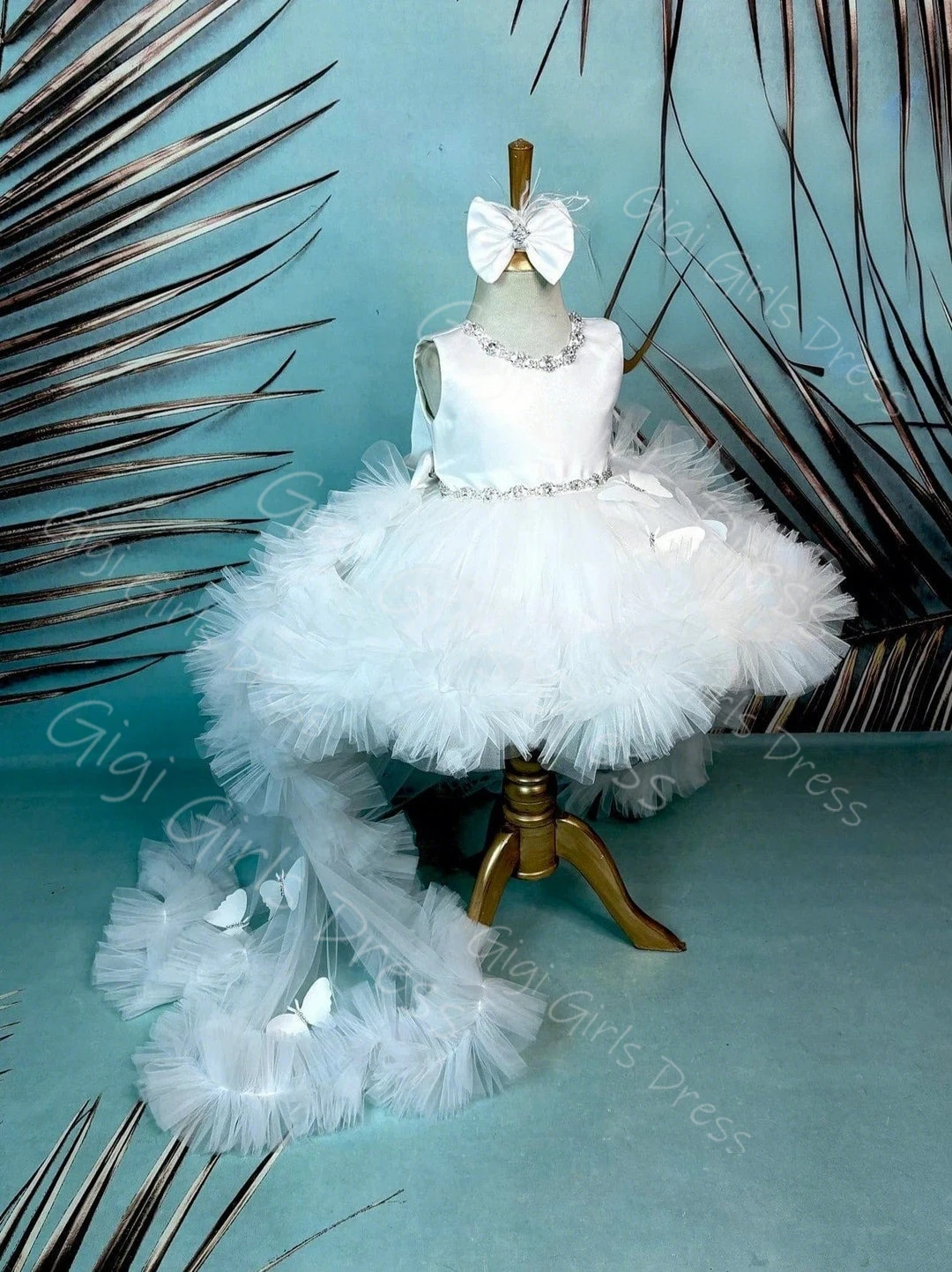 فستان فتاة الزهور من التول الأبيض مع ذيل فراشة ثلاثي الأبعاد فستان عيد ميلاد مطرز بالكريستال مخصص للأطفال فستان حفلة الأميرة