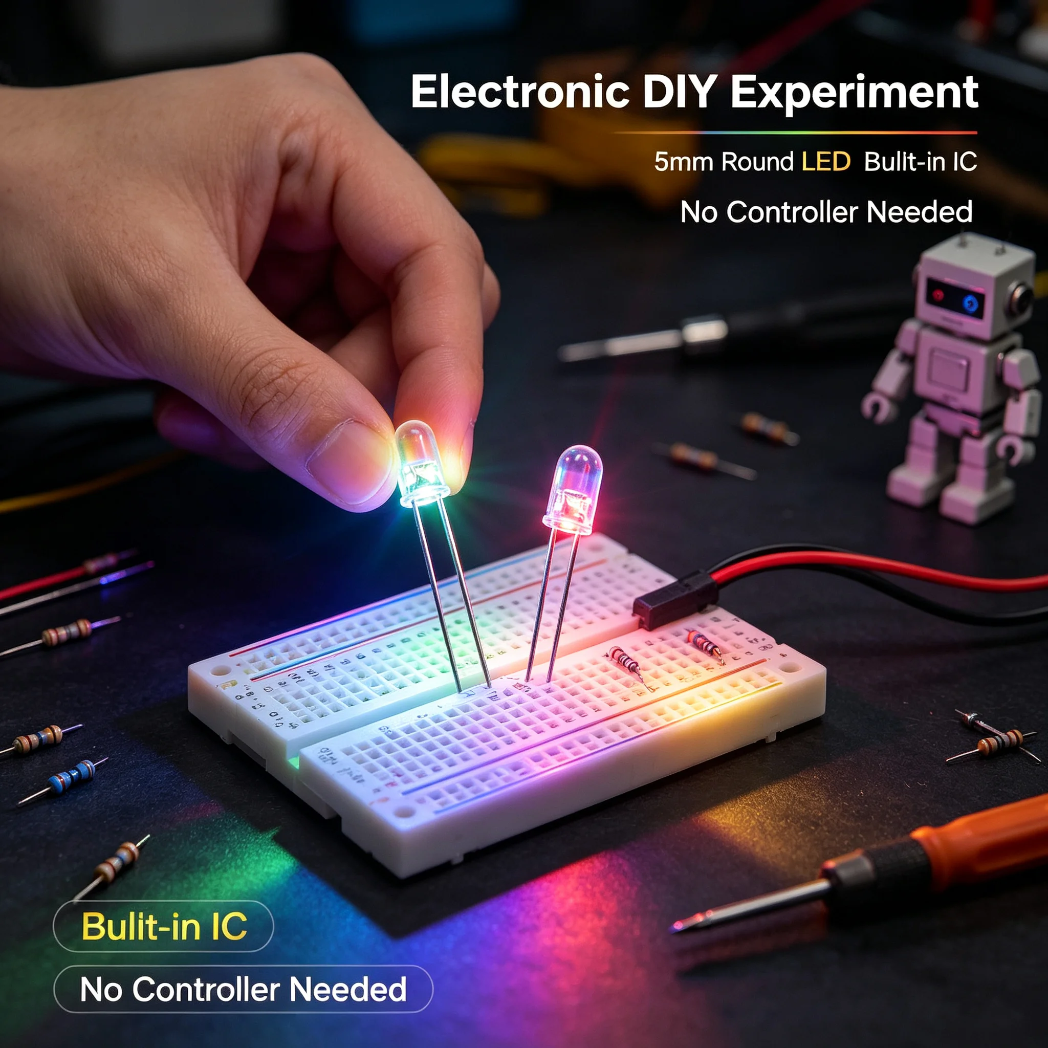 50pcs/lot F5 5mm RGB Auto Flash LED Diode, Built-in IC Fast Slow Rainbow Multi Color Round LED, Transparent & Fog Lens Full Colo