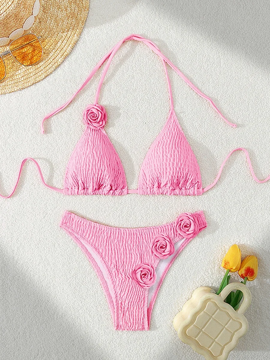 3D Flowers Pleated Wrinkled Bikini Female Swimsuit Women Swimwear Three-pieces Bikini Set Halter Bathing Suit Swim Beach Wear
