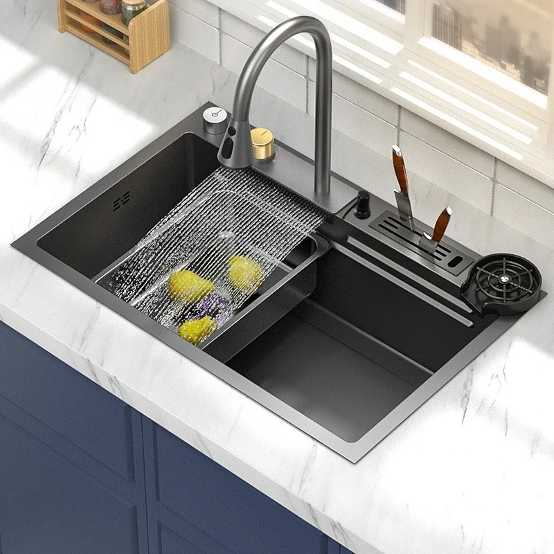

Nano Knife Holder Cup Washer Multifunction Waterfall Faucet Outdoor Kitchen Sink Modern Smart 304 Stainless Steel Sink Kitchen