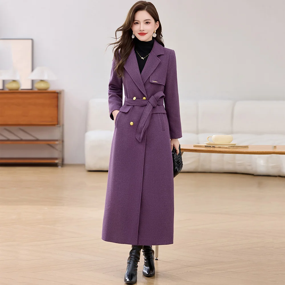 

New Women Autumn Winter Cotton Liner Woolen Coat Fashion Suit Collar Double Breasted Wool Blended Coat Elegant Thick Coat Female