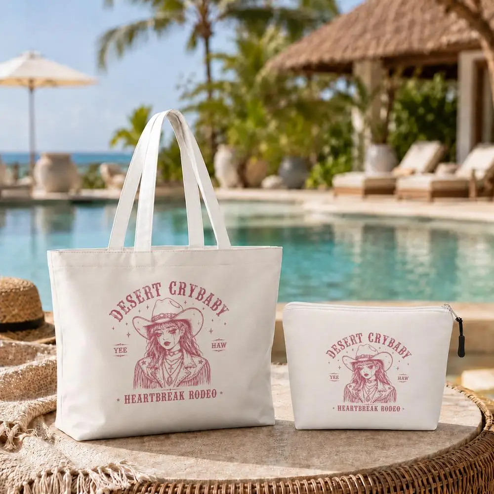 Gothic Retro Cowgirl Storage Bags 2-Pcs Canvas Tote Bag Set with Zipper Reusable Tote Bags for Shopping Travel Work Gifts
