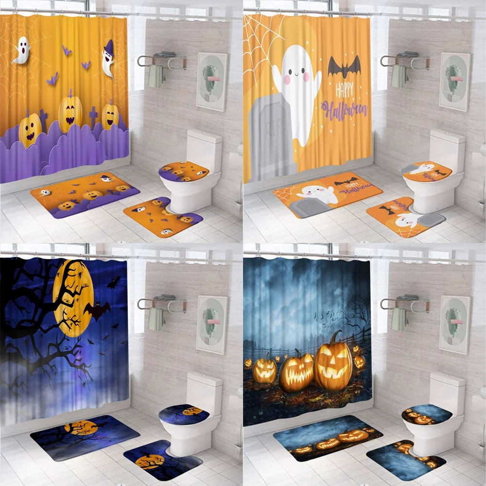 

4Pcs Spooky Halloween Bathroom Shower Curtain Set Funny Ghost Bat Pumpkin Cemetery Non-Slip Rug Toilet Lid Cover Bath Mat Carpet