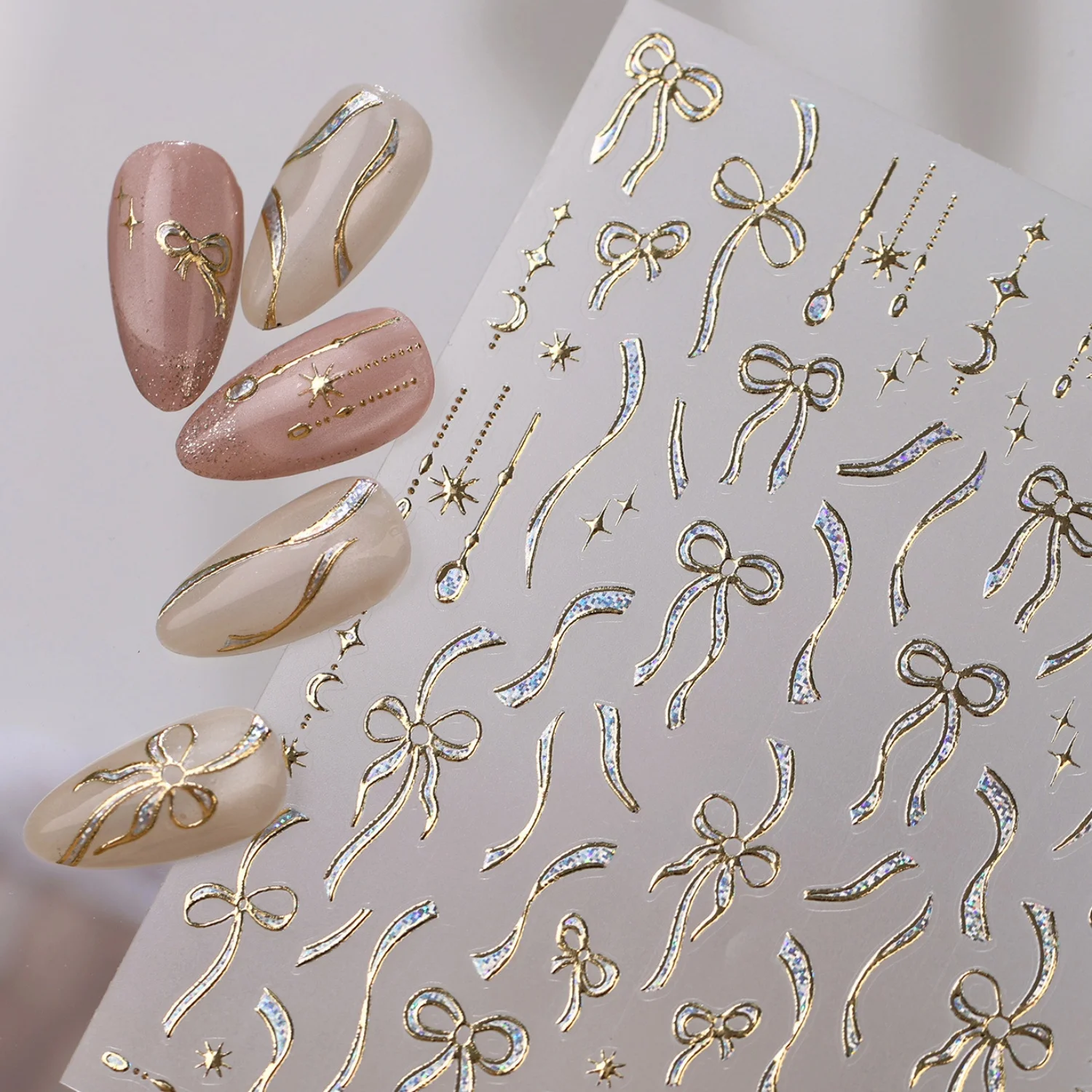 Ribbon Bow 5D Nail Stickers Moon Star Pendant Star Holographic Shiny Gilded Metal Streamer Bow Decals Self Adhesive Manicure
