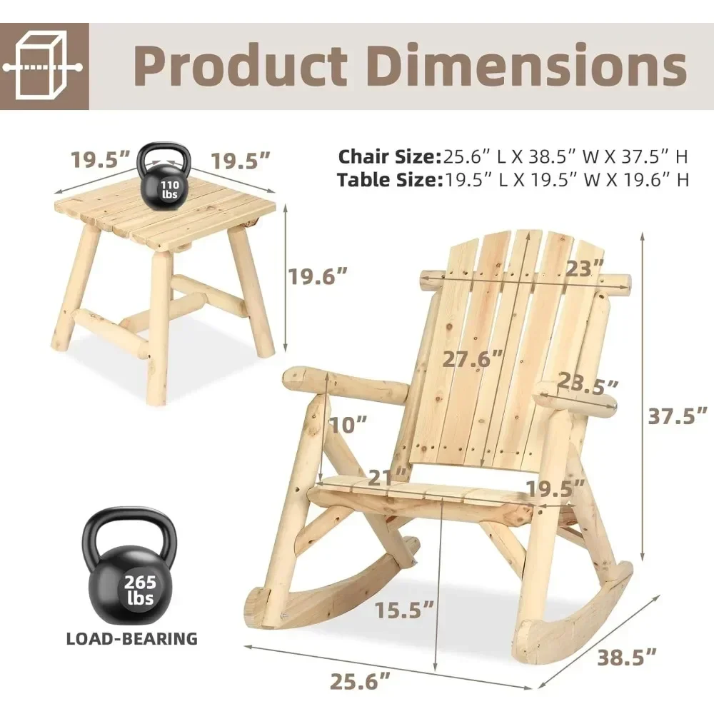 Juego de bistró mecedora de madera para exteriores de 3 piezas, juego de mecedora rústica Adirondack con respaldo alto, asiento de listones y mesa auxiliar