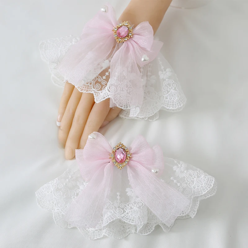 

Sweet Lolita Hand Wrist Cuffs Japanese Ruffles Bowknot Lace Trim Maid Cosplay Bracelet Women Girls Party Vintage Hand Sleeve
