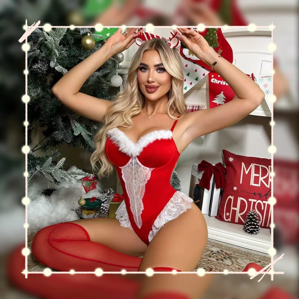 

Christmas Sexy Bodysuit with Stockings Cute Stringy Edge Splicing Party Body Attractive Plush Female Clothing