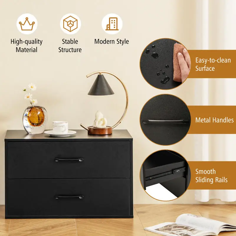 

2-Drawer Stackable Horizontal Storage Cabinet Dresser Chest with Handles-Black