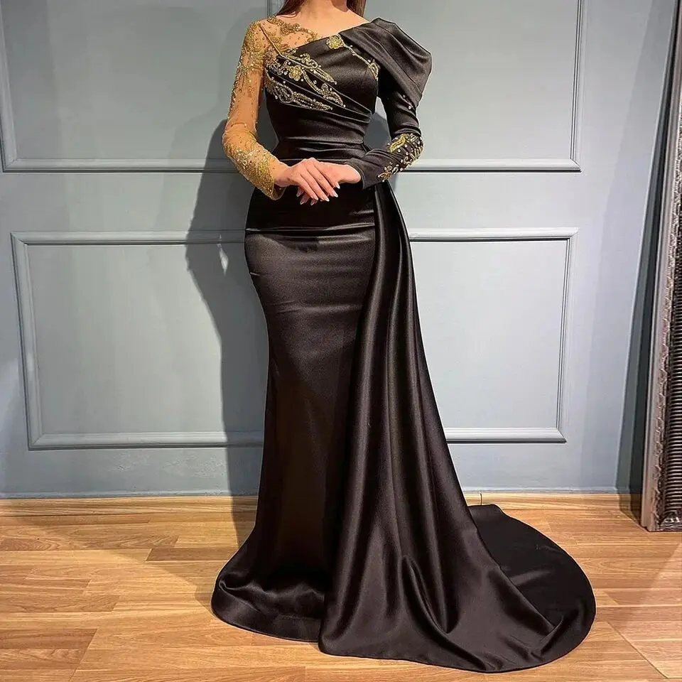 Angel Custom Dubai Mermaid Arabic Evening Dress For Women Wedding Long Sleeve Beaded Appliques Elegant Formal Party Gown