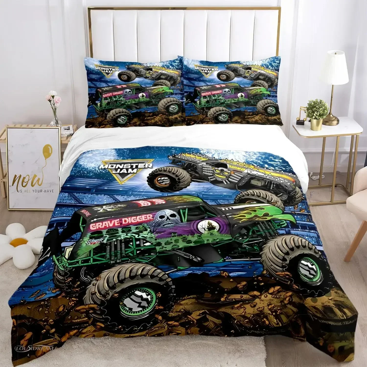 Set Seprai Selimut Penutup Selimut Semua Musim Monster Truck Kartun Penutup Selimut Lembut dan Sarung Bantal SingleDoubleQueenKing