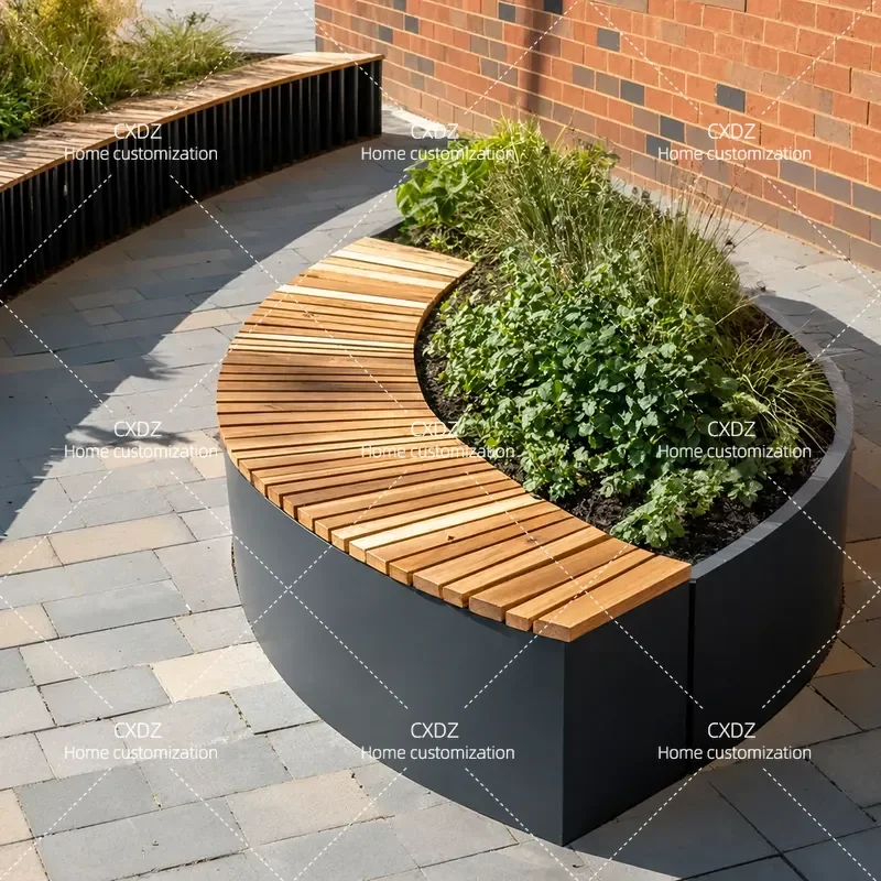 Outdoor Flower Box Bench Combination Commercial Rest Area Seating Outdoor Leisure Chair for Coffee Shop Custom Planter Slot