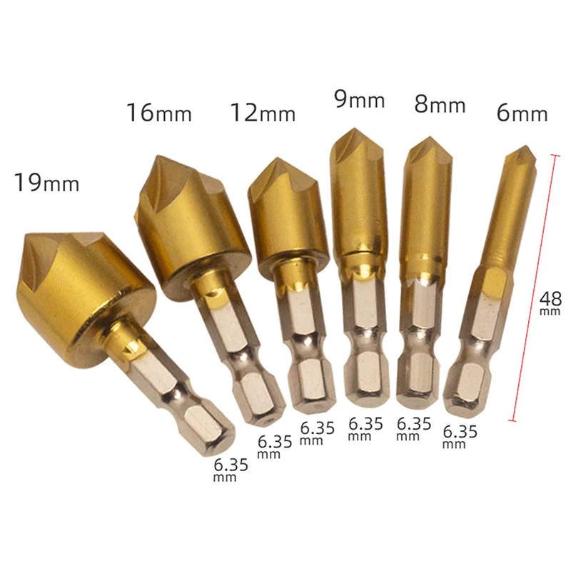 6Pcs Titanium Coating Countersink Drill Bit 1/4'' Hex Shank High Speed Steel 90 Degree Wood Chamfer Cutter 6/8/9/12/16/19mm