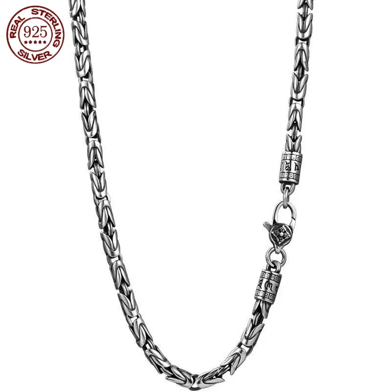 

New Fashion 100% Pure S925 Silver Jewelry Retro 6MM Thick Six-Character Mantra Trendy Personality Man Necklaces