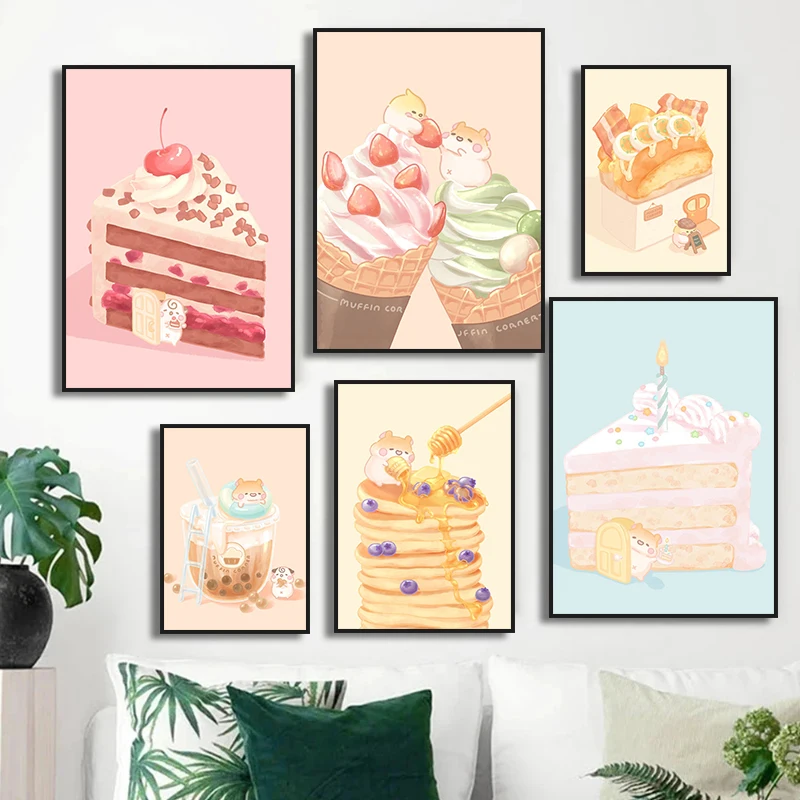 Cute Pink Candy Cake Ice Cream Muffin Milk Tea Art Posters Canvas Painting Wall Prints Picture Girl Room Dessert Shop Home Decor