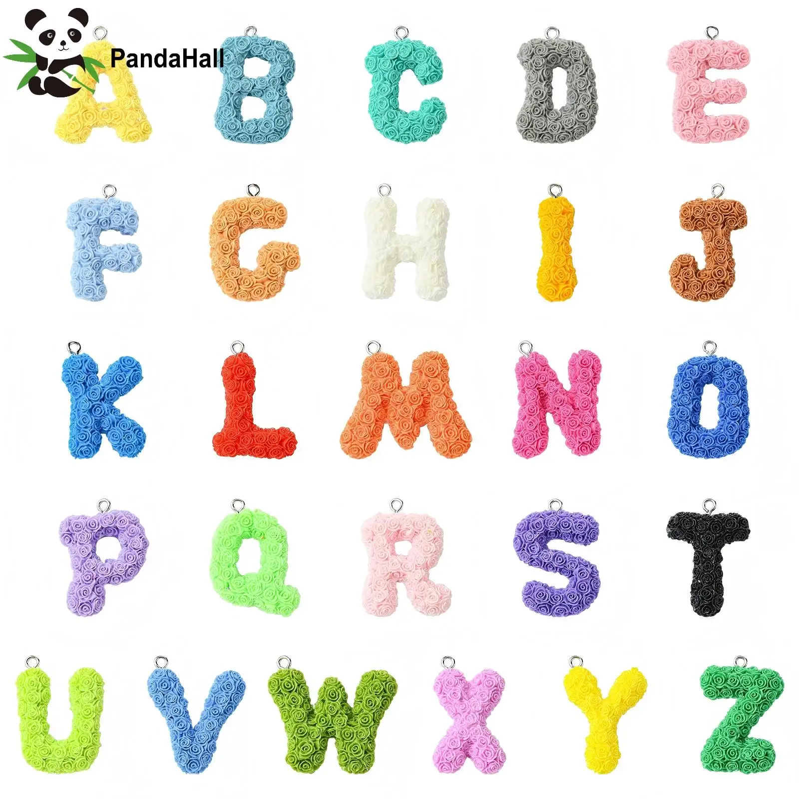 PandaHall 50Pcs Random Resin Letter Alphabet Charms Colorful A~Z  Rose Capital Alphabet Charms for DIY Necklace Jewelry Making
