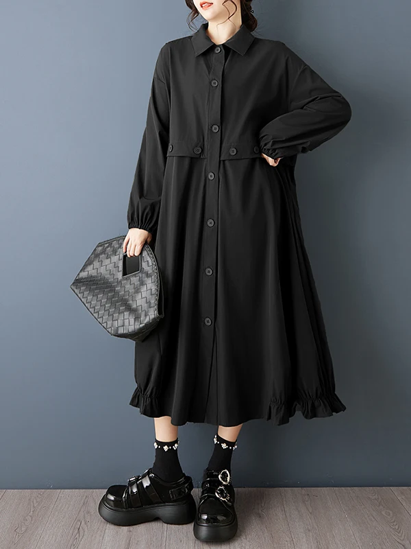 k Sle Midi Dr irt Dr Ele Spring Faion Damenbekleidung, lockere Taille, langer Sve-Knopfverschluss, Alltagskleidung