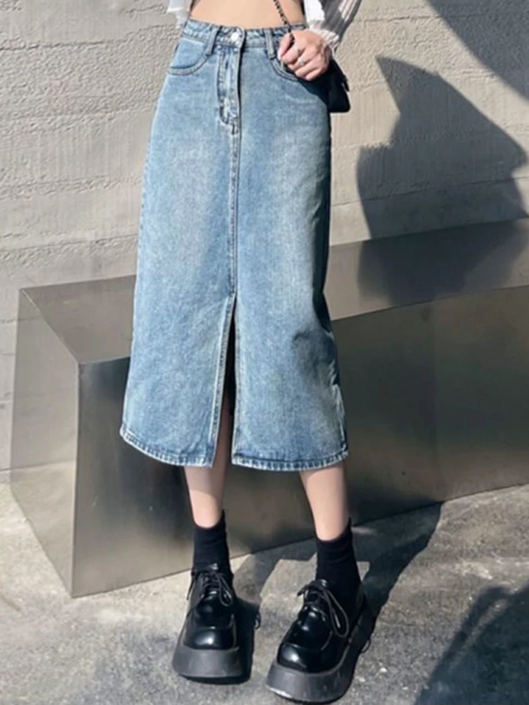 Ins Summer Women High Waist Denim Skirt Jeans Lady Basic Student A Line Retro Split Streetwear Preppy Style Mini Dress Plus Size