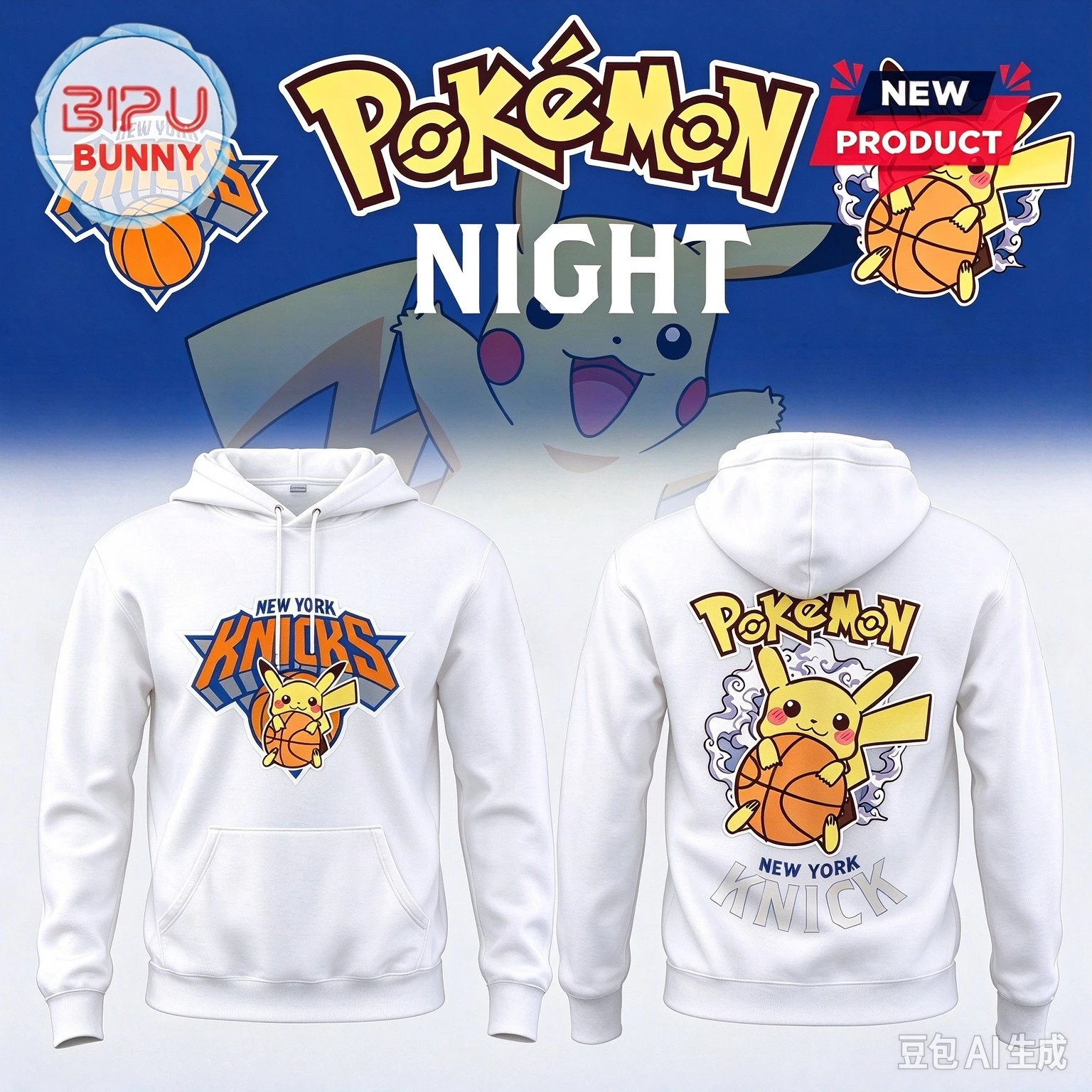 Pokemon New York Knicks Night Pikachu Basketball Hoodie Men Women Anime Print Hooded Sweatshirt Streetwear Pullover