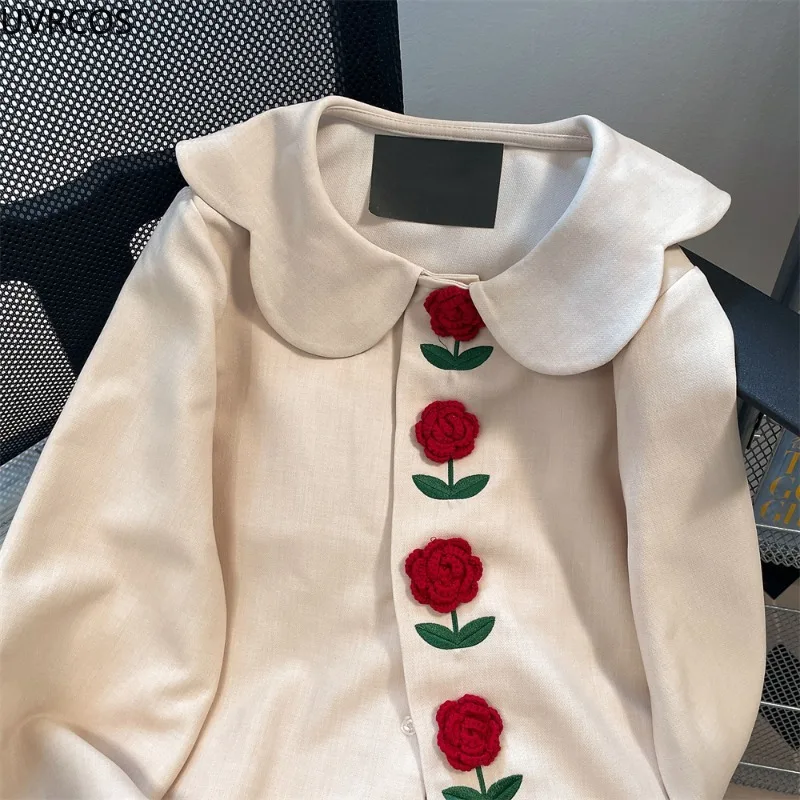 French Vintage Elegant Women Shirts Sweet Rose Embroidery Floral Peter Pan Collar Long Sleeve Blouses Korean Fashion Kawaii Tops