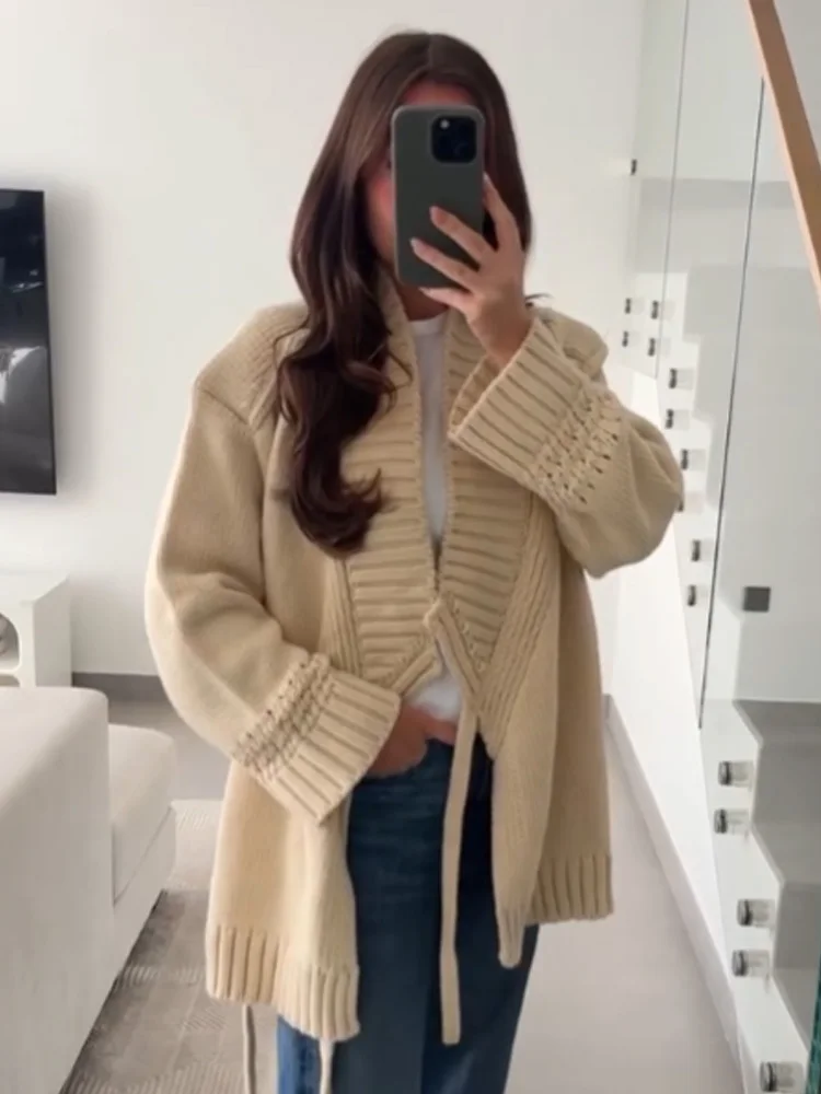 

Женские элегантные свитера с длинными рукавами, декорированные шнуровкой, в стиле кимоно, кардиганы, однотонные, с высоким воротником, вязаные, весенние пальто