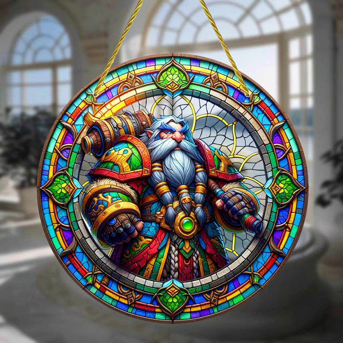 Warcraft Dwarf Stained Glass-Style Acrylic Window Hanging-Round Light Catcher for Home,Garden&Porch Decor-Perfect Gift for Gamer