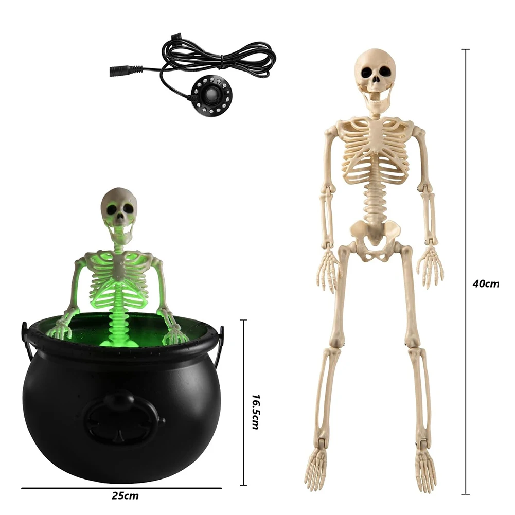 هيكل عظمي للهالوين وعاء ساحرة أسود دلو مرجل أسود LED صانع ضباب لديكور الهالوين الرعب