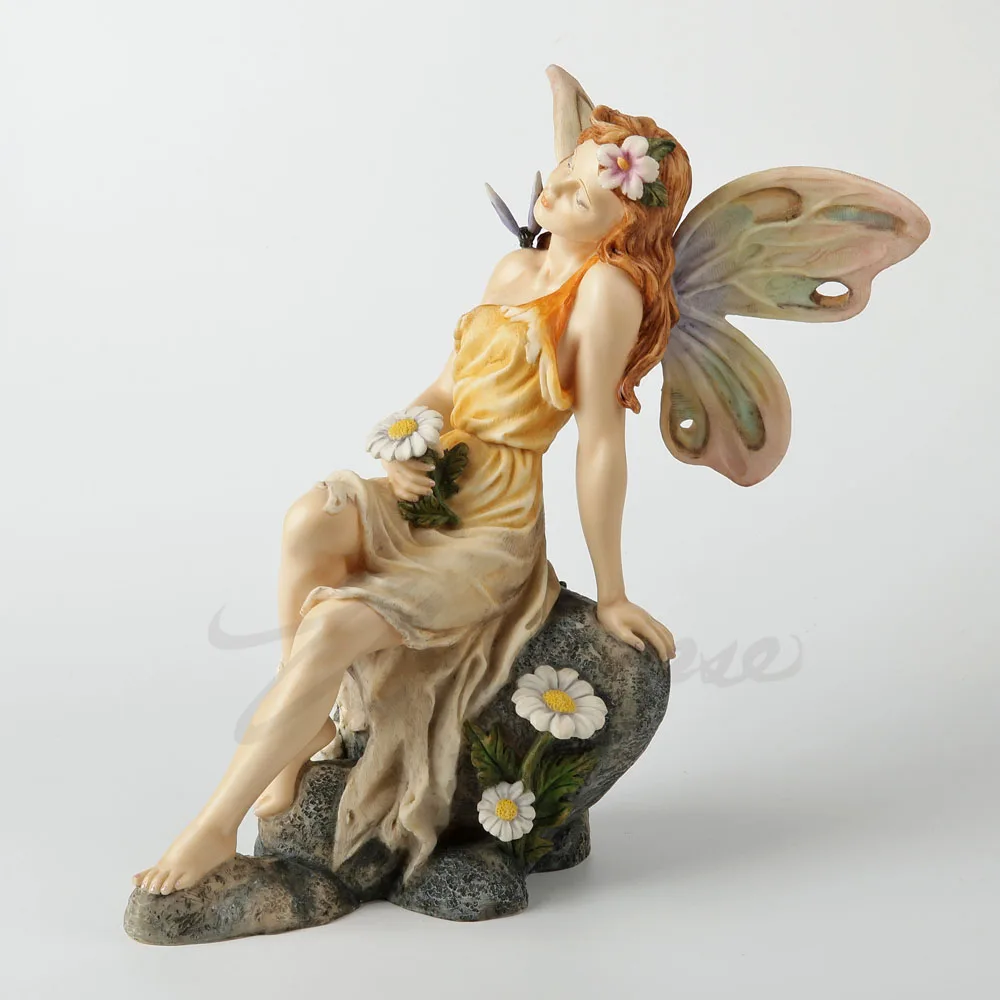 Sitting Yellow Dress Flower Fairy Resin Figurine Sleeping Elf Lady Statue Outdoor Garden Desktop Ornament Home Wedding Art Decor