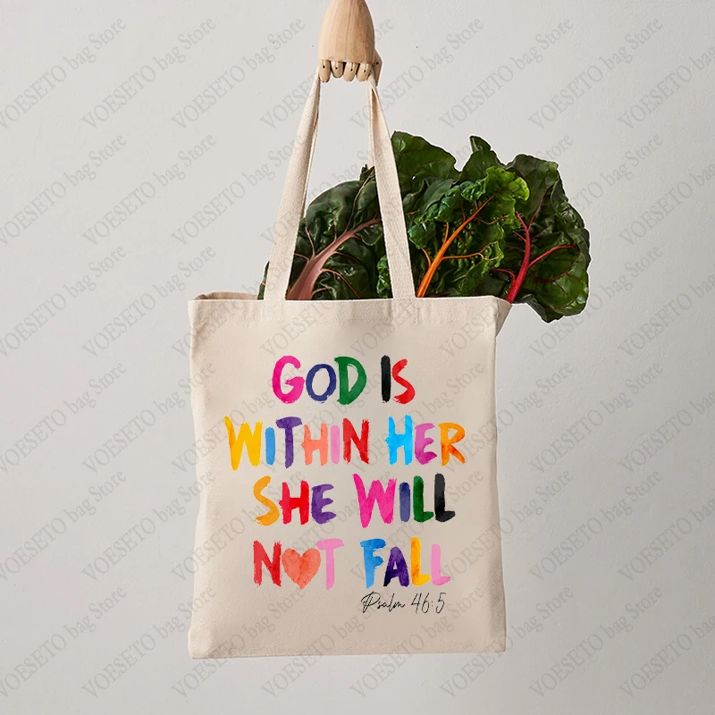 God Is Within Her She Will Not Fall Pattern Tote Bag Canvas Shoulder Bag for Christian Gift Women's Reusable Shopping Bags