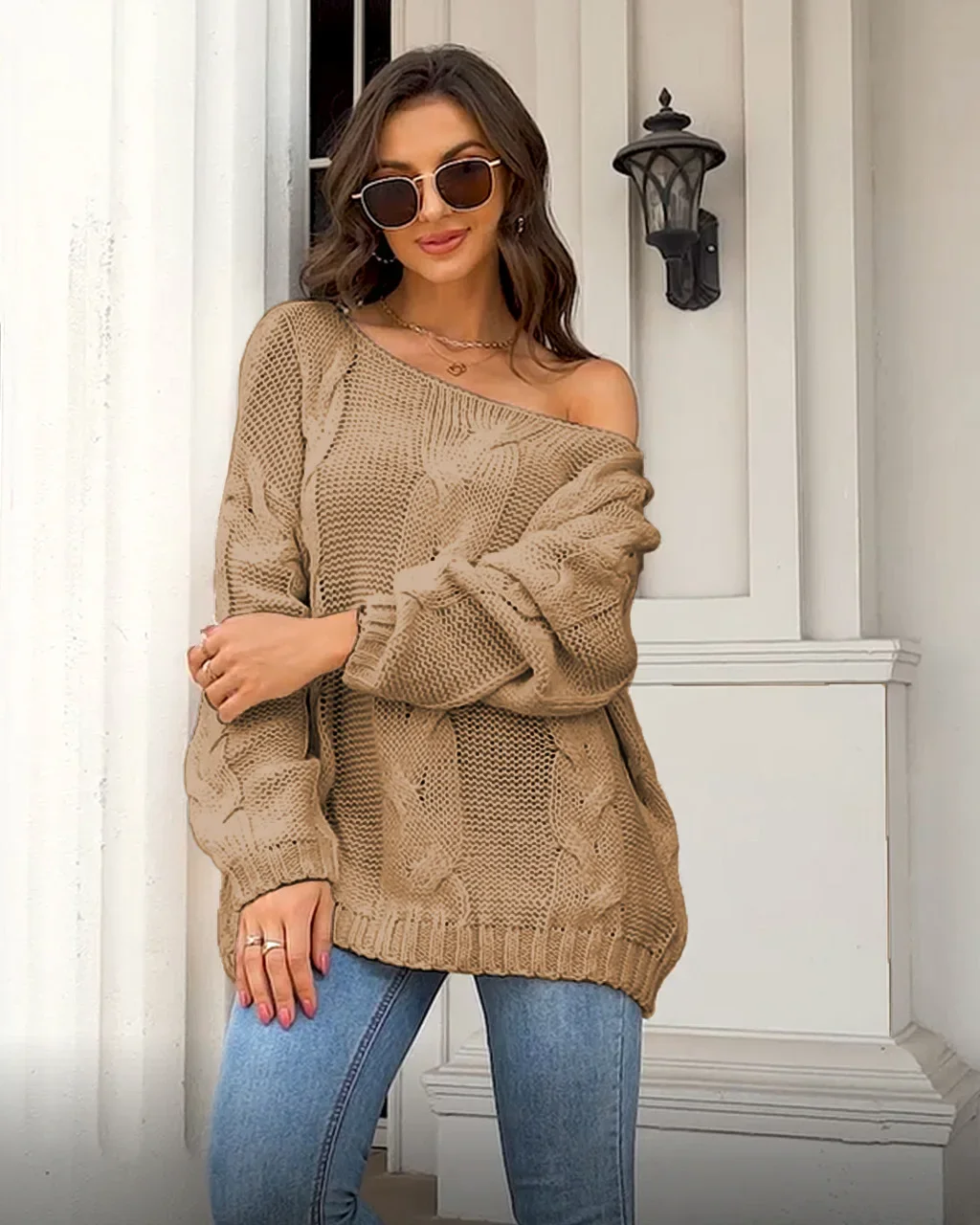 Women Off Shoulder Sweater Long Sleeve Cardigan Y2k Tops Autumn Winter Khaki Knitted Sweaters Spring Top Jumpers Pullovers Maxi