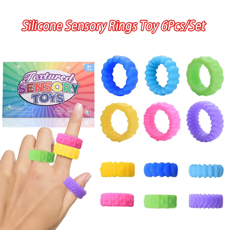 6Pcs/set Colourful Kids Silicone Sensory Ring Toys Creative Anxiety Relief Autism Stress Relief Spiky Fidget Rings Puzzle Toys