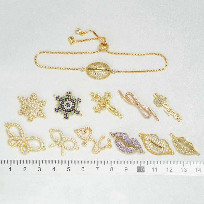 10 Pcs Pave Inlay Zircon Connector Diy Bracelet Necklace Accessories Mouth Bow Cross Snowflake Hollow Brass Parts Charm Jewelry