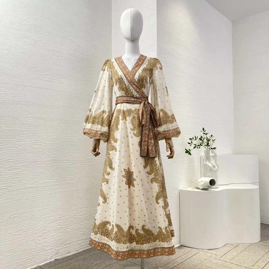 Reine Baumwolle, hochwertig, 2025, neues Paisley-Kleid mit langen Laternenärmeln und Schnürung,
