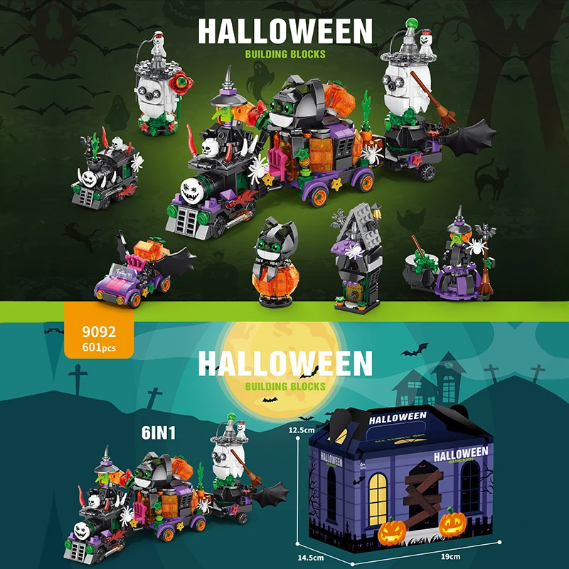 Halloween 6-in-1 bouwstenen set Spooky spookhuis Ghost Train Bricks speelgoed Halloween cadeau voor kinderen