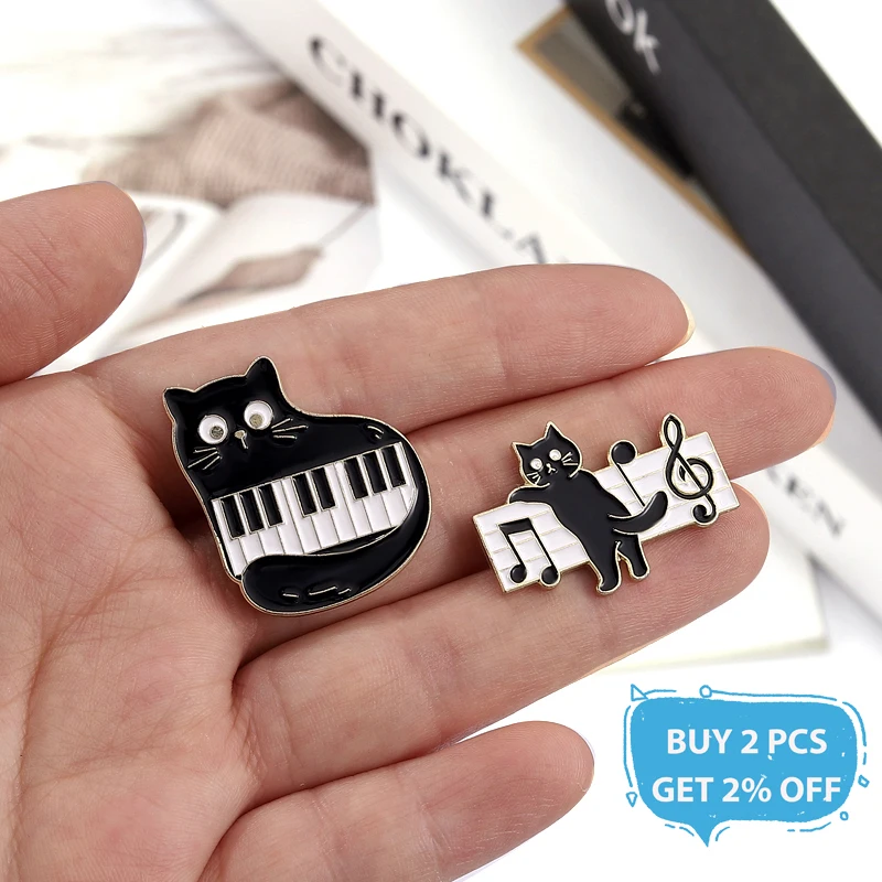 Wholesale Price Kitties Cat Enamel Pins Custom Piano Keys Brooches Lapel Badges Music Jewelry Accessories Gift For Friend