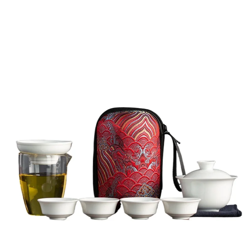 

Dehua White Porcelain Travel Tea Set Outdoor Travel Portable Glass Quick Passenger Cup Three-sided Covered Bowl Small