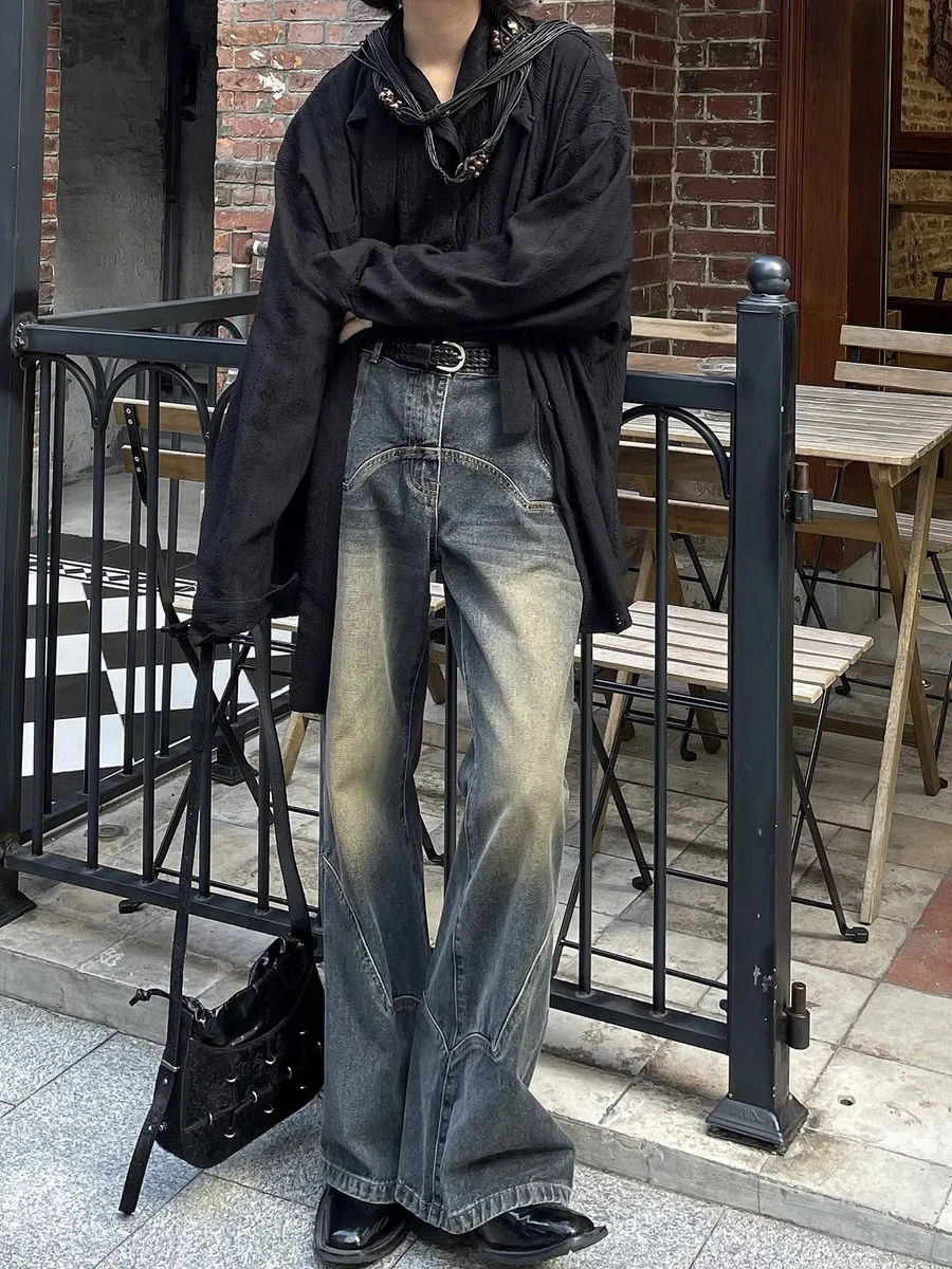 Retro American Classic Waed out Jeans Men Women Micro Flared Long Trousers Splicing Design Nostaic Vintage Sle Jeans