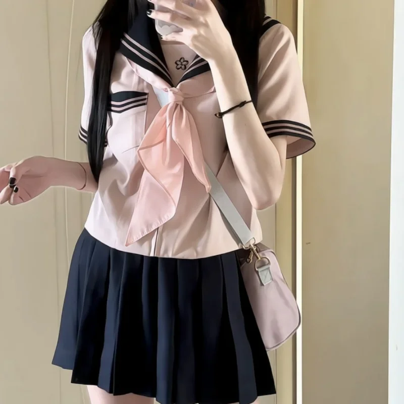 Uniforme japonais JK pour filles, été original rose bleu, col marin, manches courtes, poche, jupe plissée mince, mode trempée, 2024