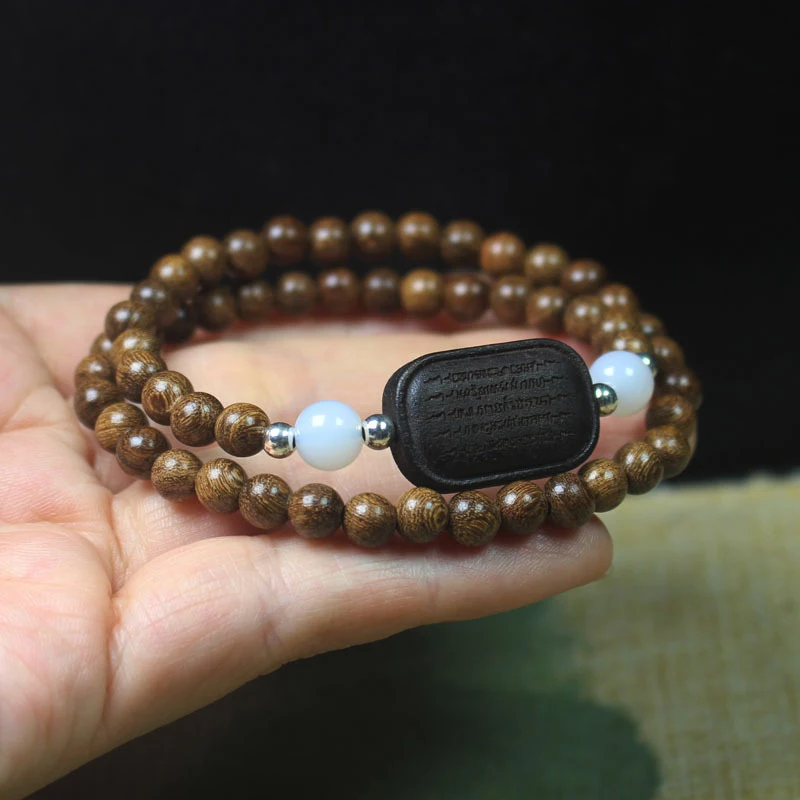 6mm Double-Circle Buddha Bead with Five Sutras, Unisex Sandalwood Wooden Jewelry Bracelet