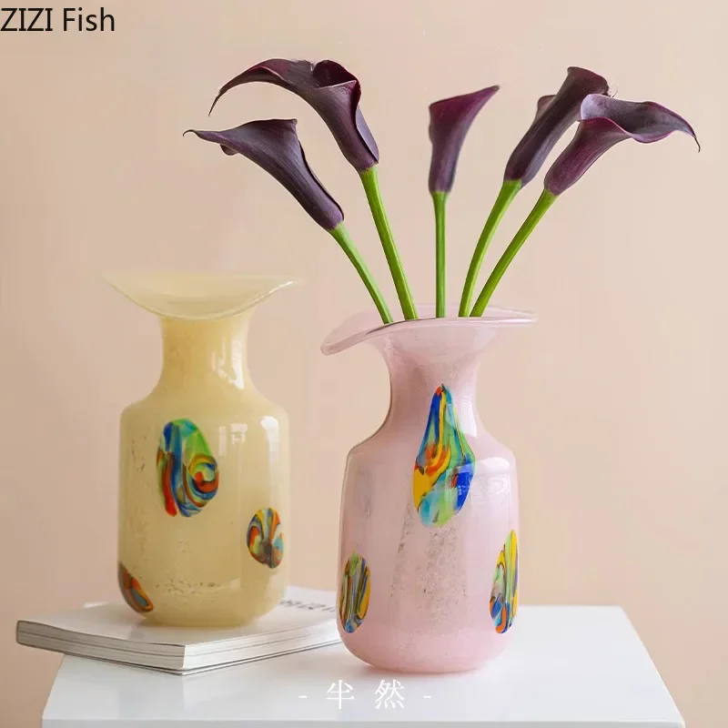 Psychedelic Painted Patterns Glass Vase Ruffle Plant Pots Table Decoration Flowers Arrangement Floral Vases Room Aesthetic Decor