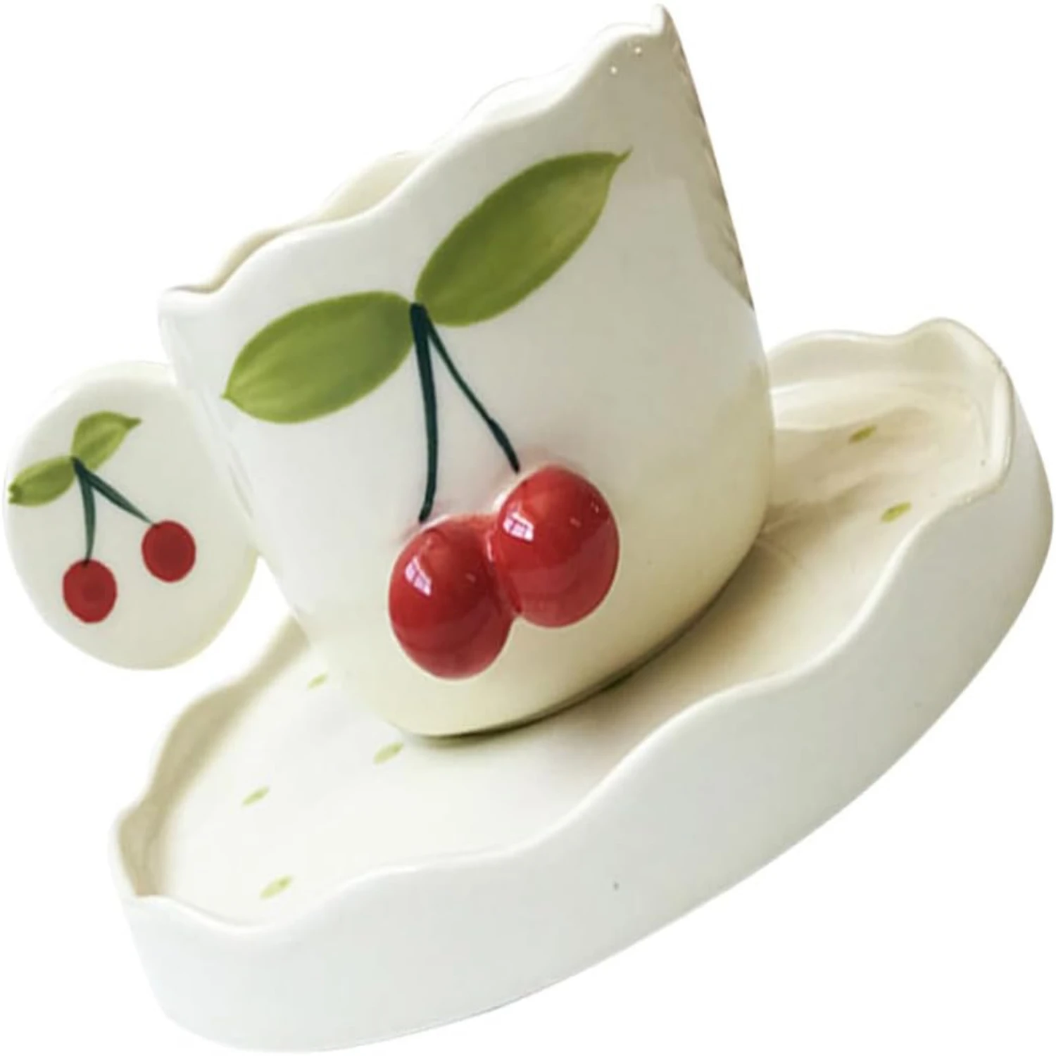 Adorable and Lovely Cherry Ceramic Coffee Mug Set with Lid and Saucer - Cute and Charming Multifunctional Tea and Water Cup with